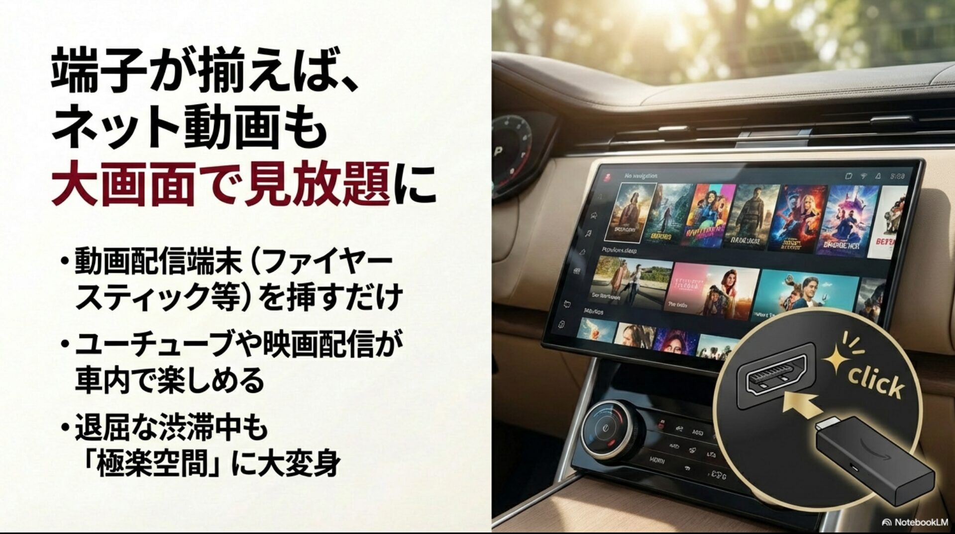 Fire TV Stick等を接続してYouTubeや映画配信を車内で楽しむイメージ図